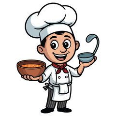 Smiling cartoon chef holding a plate of food, colorful kitchen uniform, cooking concept
