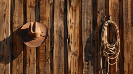 Cowboy hat and lasso on a wooden wall. Suitable for themes related to western culture, travel and adventure.