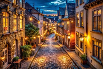 Fototapeta premium Charming Cobblestone Street at Night, Colorful String Lights, Romantic Urban Scene