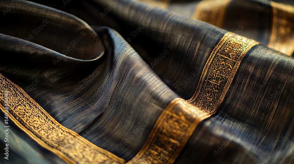 Poster elegant black fabric with intricate golden patterns, showcasing a luxurious texture and depth in a s