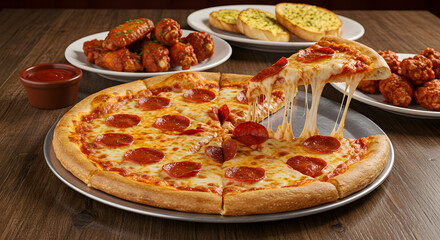 Pepperoni Pizza with Garlic Bread & Wings - Comfort Food Feast