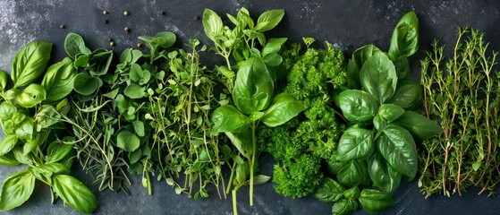 Fresh green herbs and spices on a dark background. Perfect for cooking blogs, recipes, healthy eating.