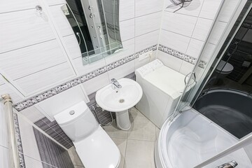 interior apartment room bathroom, sink, decorative elements, toilet