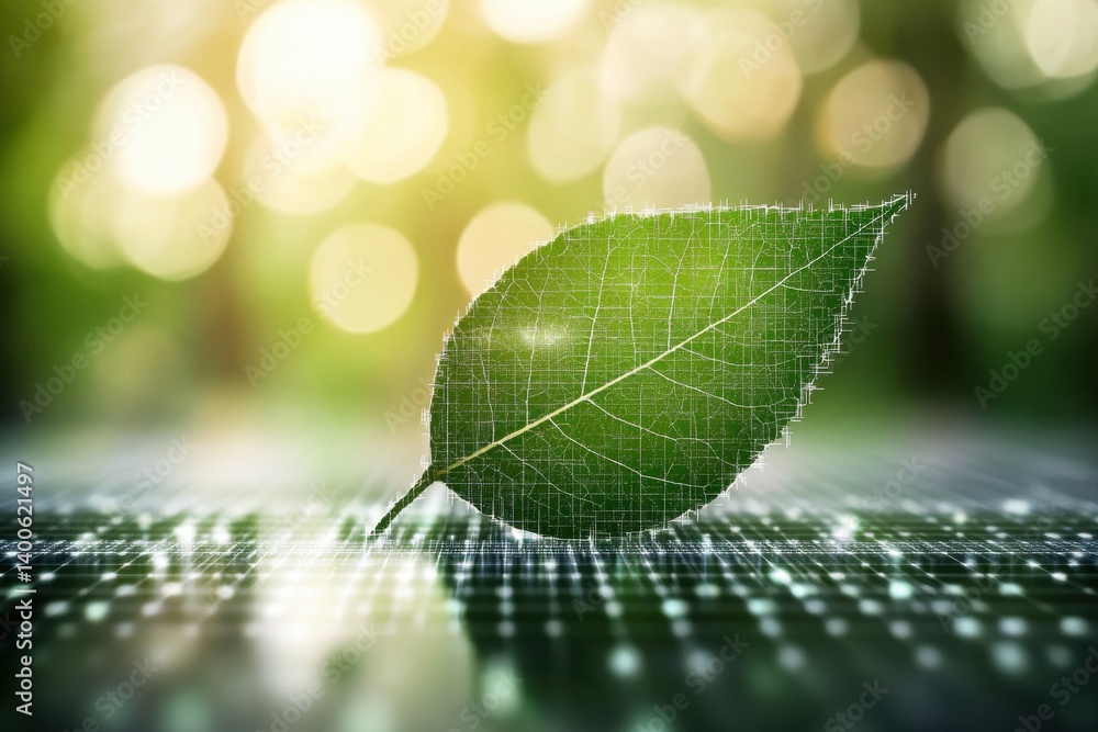 Poster Green leaf transforming into digital pixels showcasing the fusion of nature and technology in a serene environment