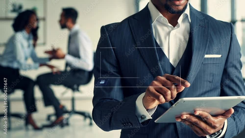 Poster businessman analyzes financial data on a digital tablet, with colorful bar graphs appearing on the s