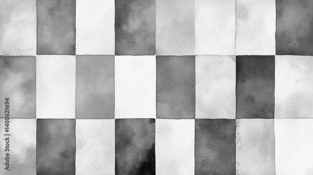 Poster a watercolor pattern of grayscale squares arranged in a checkerboard design.
