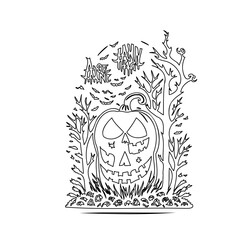 Whimsical Halloween Pumpkin Scene Black and White