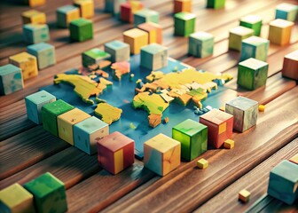 Fototapeta premium Candid Photo: World Map Puzzle Cubes, Global Connection, Travel Concept