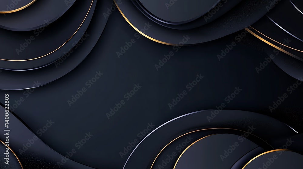 Poster dark abstract background with layered curved shapes and subtle golden accents creating a modern and 