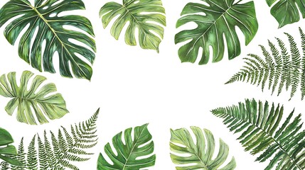 Tropical foliage border. Lush green leaves frame a blank center