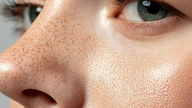 Close up revealing natural facial skin texture with intricate pores, delicate freckles, and nuanced complexion characteristics highlighting individual beauty