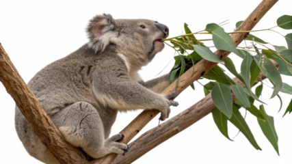 A koala bear eating a eucalyptus leaf, isolated on a transparent background