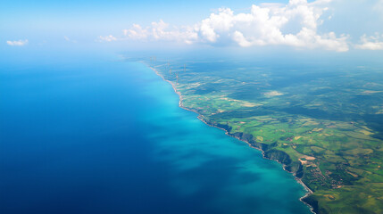 Breathtaking Aerial View of Coastal Wind Farm Generating Renewable Energy