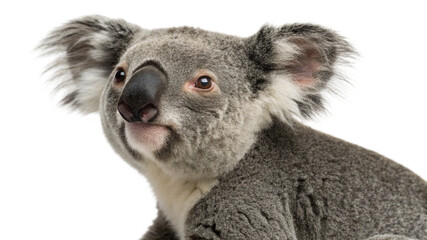 Naklejka premium A close-up portrait of a koala bear looking directly at the camera, isolated on a transparent background 