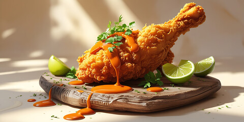 Crispy Fried Chicken Leg with Spicy Sauce and Fresh Cilantro on Wooden Board