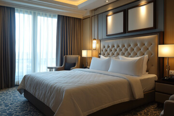 Hotel room featuring a queen-size bed and armchair against a window with city view. Plush pillows and cozy atmosphere invite relaxation.