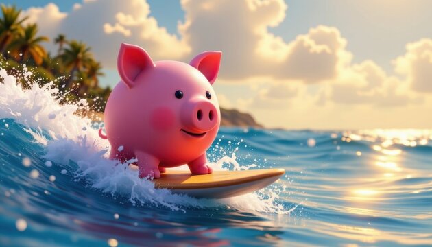 An animated scene of a piggy bank surfing on a wave, with bright colors and tropical vibes all around.