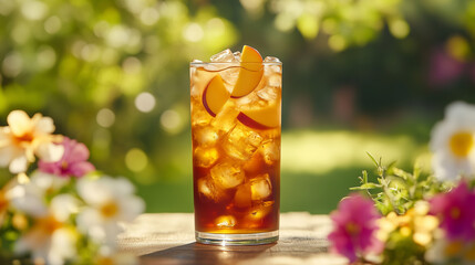 Chilled Peach Iced Tea with Ice Cubes in a Summer Garden