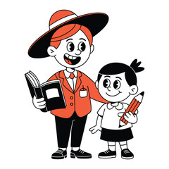 Cartoon teacher and student with book and pencil, education and learning concept illustration