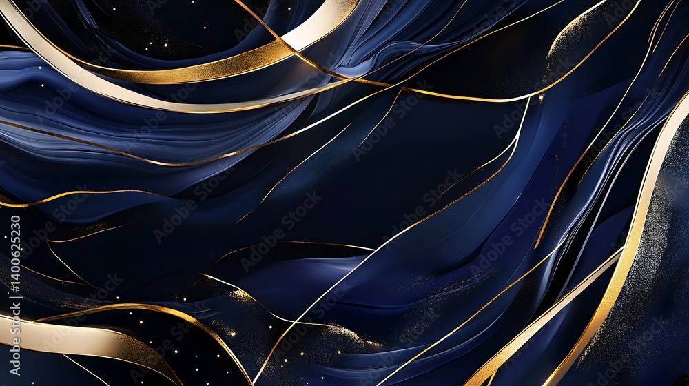Poster elegant fluid abstract composition in deep blue tones interwoven with golden lines and sparkles crea