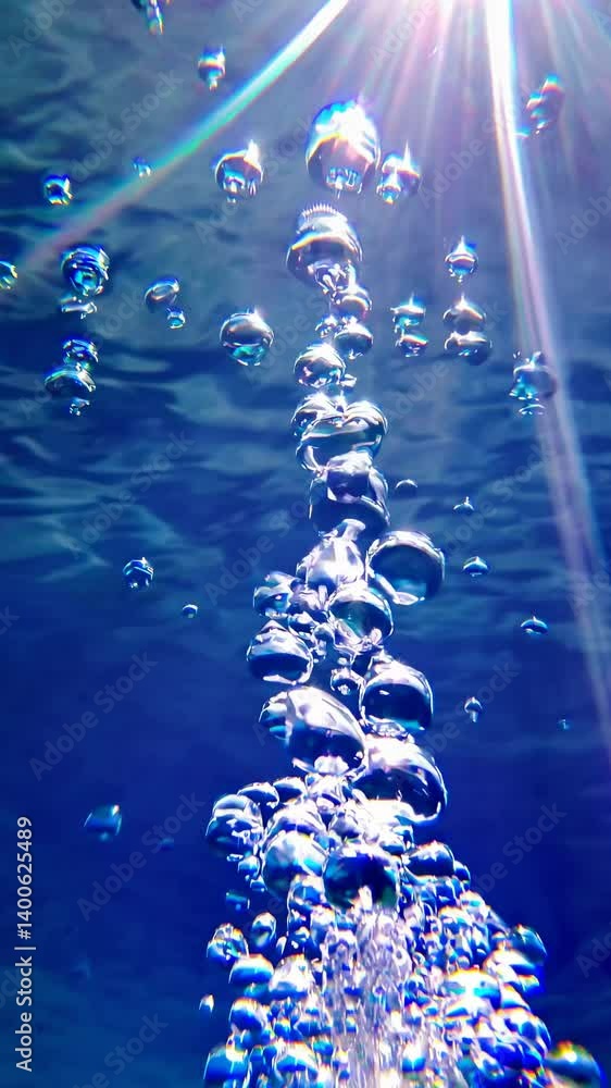 Poster underwater video captures rising bubbles from a low-angle, with sunlight streaming through, creating