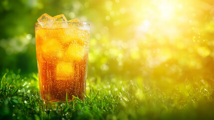 Cold Refreshing Glass of Sparkling Orange Soda in Summer Sunlight