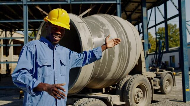 Portrait happy worker of concrete factory, young man in uniform with hard hat on background cement mixer truck.