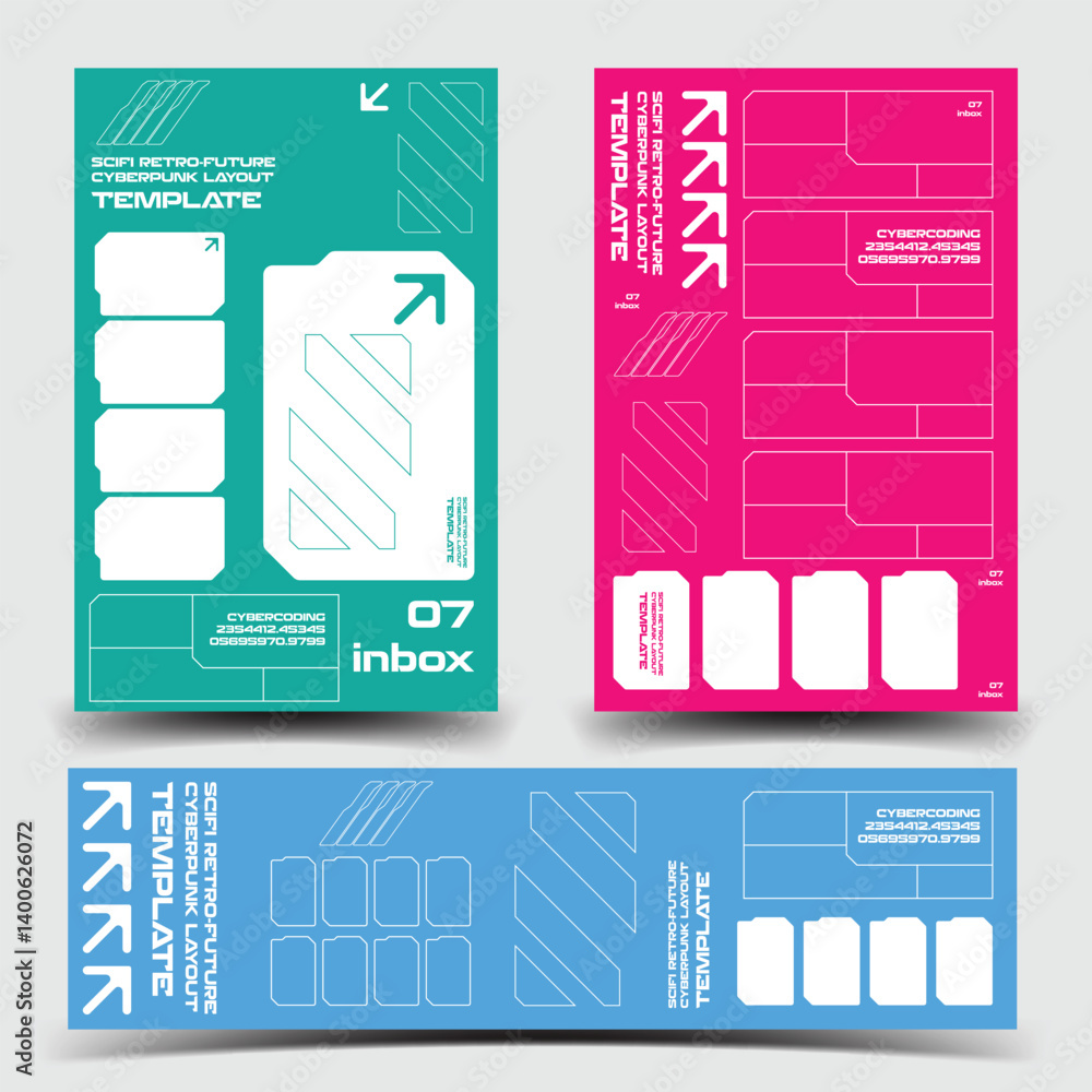 Poster y2k 2000s scifi cyberpunk retro-futuristic layout template set for ux-ui application, 2d vector illu