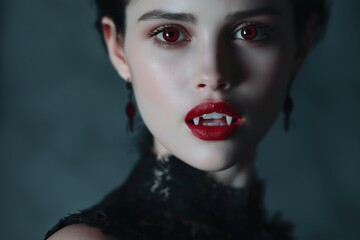 Seductive vampire woman with glowing red eyes and crimson lips in darkness