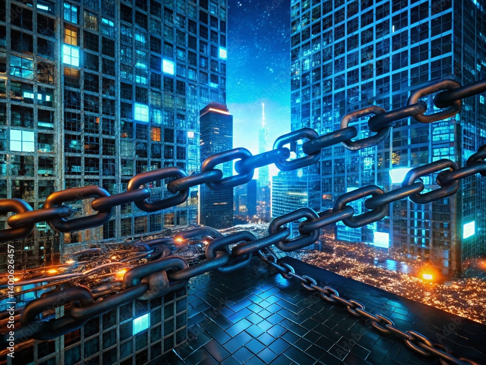 Poster broken blockchain chain link: digital security & network vulnerability concept