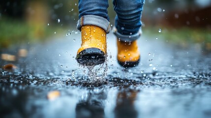 Child Joyfully Jumps in a Puddle on a Rainy Spring Day, Splashing Water With Carefree Delight During Outdoor Playtime Generative AI