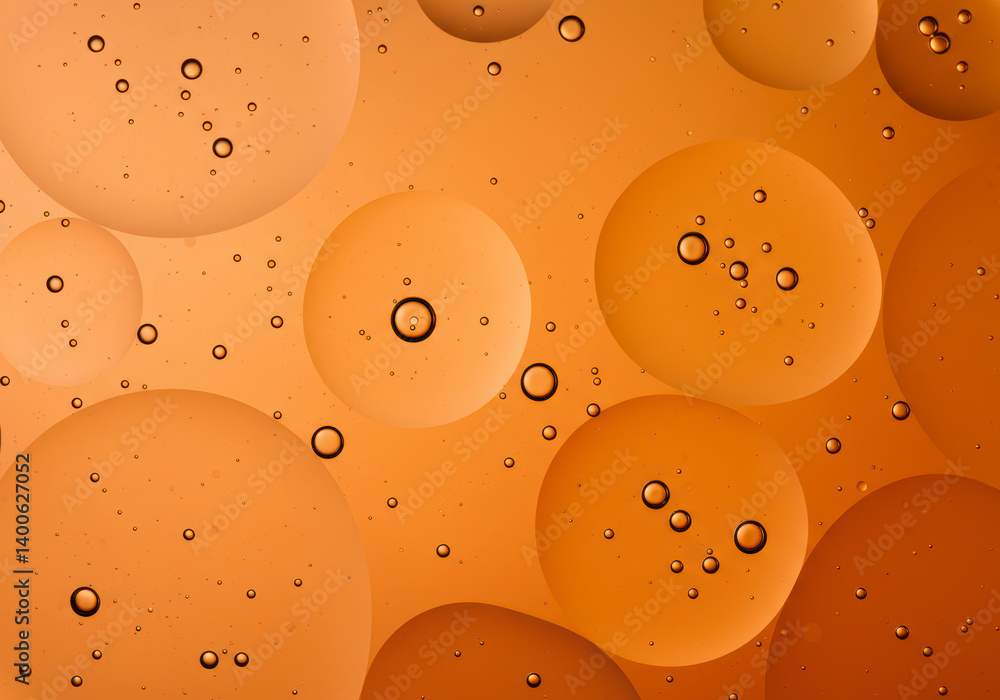 Poster olive oil and water interaction in abstract bubble form with close-up macro photography and orange g