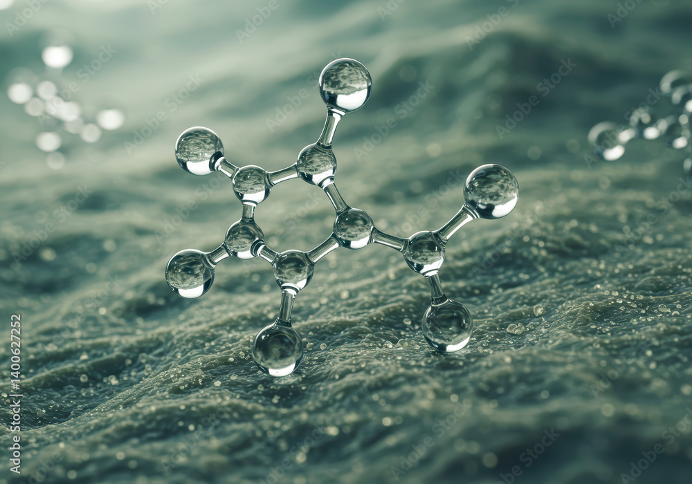 Poster concept of transparent liquid molecule in 3d render on detailed micro background