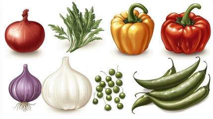 Cartoon vegetable clipart set, cute and funny onions, peppers, and peas, isolated and colorful on white.