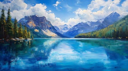 Naklejka premium Impressionist oil painting of Lake Louise, vibrant brushstrokes capturing the shimmering turquoise lake, dynamic clouds drifting over majestic mountain peaks,