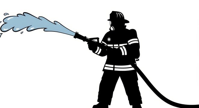 Heroic Firefighter Silhouette with Hose - Courage, bravery, protection, service, and water. A firefighter's silhouette fighting a fire. Symbol of selfless heroism