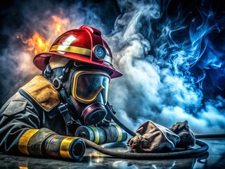 Obraz premium Brave Firefighter Battling Blaze in Thick Smoke - Dramatic Macro Photography