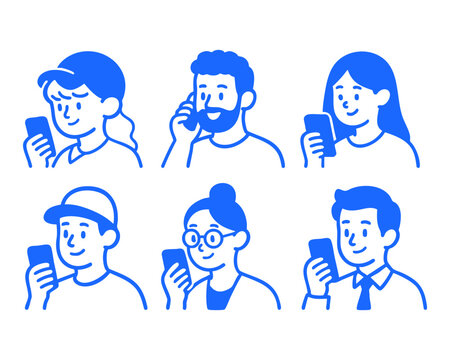 Fototapeta people with smartphone activity doodle cartoon drawing vector illustration set  