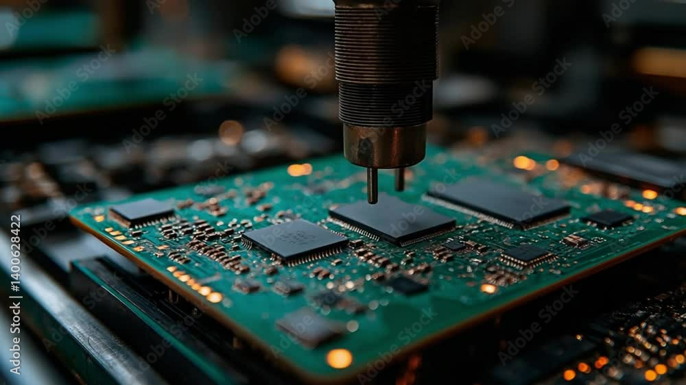 Poster a robotic arm precisely places a microchip on a green printed circuit board in a close-up view. conc
