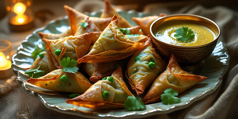 Golden Brown Samosas Garnished with Cilantro and Yellow Dipping Sauce