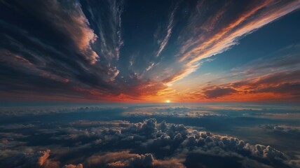 Beautiful sunset in the sky with fluffy clouds. Breathtaking beauty and mystery of the mesmerizing empty sky. ultra-high details, intricate colors.