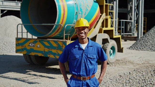 Portrait happy worker of concrete factory, young man in uniform with hard hat on background cement mixer truck.