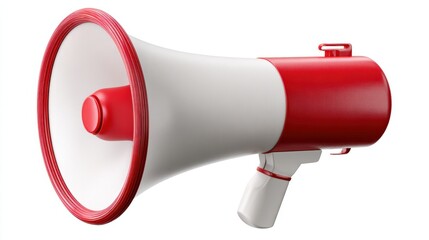 Striking red and white megaphone on a clean white background, visual representation of communication