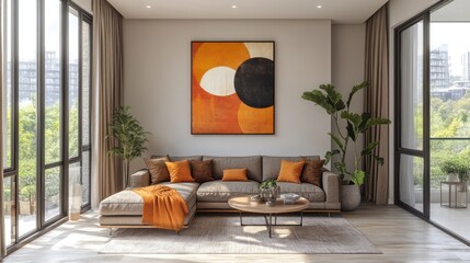 Living room interior with sofa artwork plants and large windows showing city view.