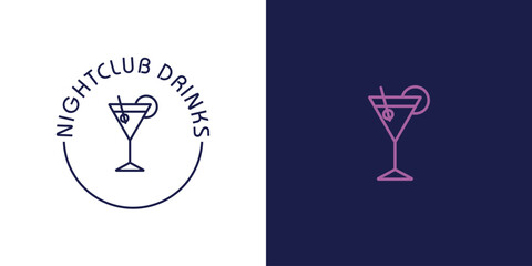 Nightclub drinks logo Drinks Concept. Bright Neon Layered Liquor Icon. Flat Style. Cocktail Time Design. Drink In Glass. 