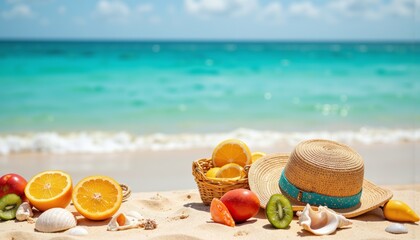 Beach scene with fruit and hat against turquoise water  