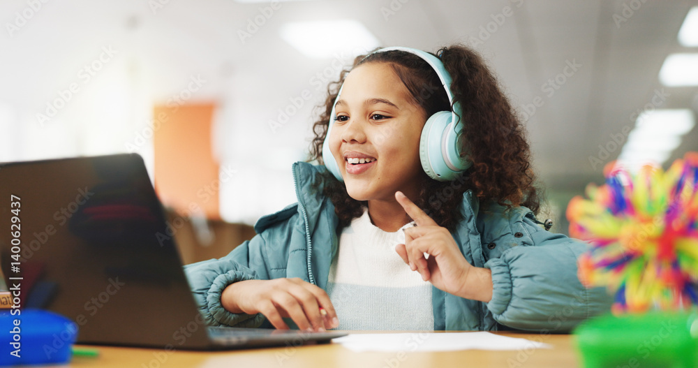 Poster student, child and headphones with laptop for video call, e learning or online class for knowledge. 