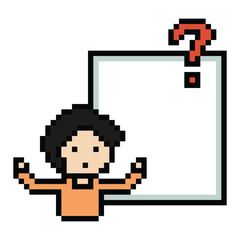 Fototapeta premium Cute pixel cartoon character man with question mark decoration 8 bit male boy confused idea question mark quiz questionnaire choose cartoon pixel game 8bit png vector.