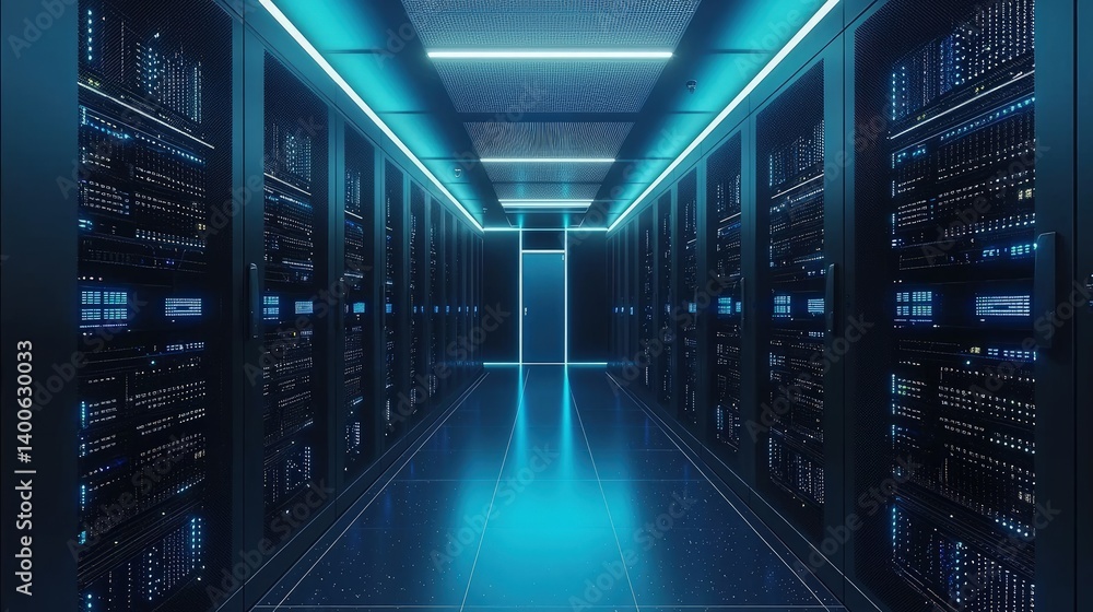 Aufkleber 3D rendering of a high-tech data center with illuminated server racks and a sleek reflective floor. Ideal for cybersecurity, cloud computing, or IT infrastructure concepts