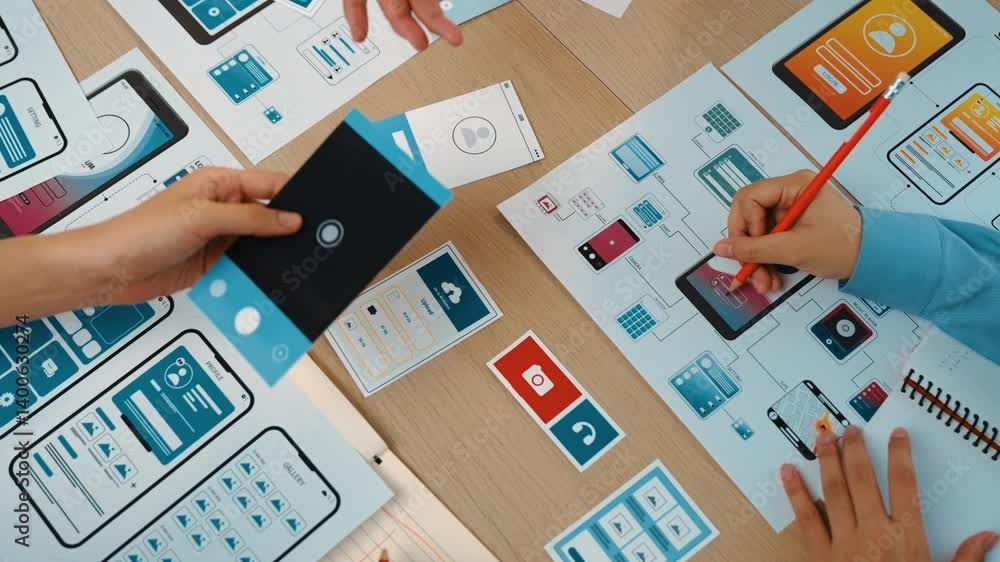Fototapete top view panorama video of startup company employee planning on user interface prototype for mobile 